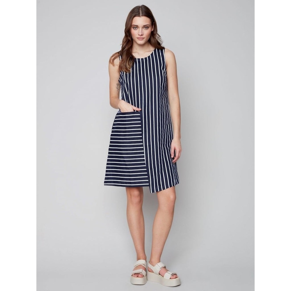 Charlie B Striped Linen Dress Asymmetric Hem Navy Blue White Large